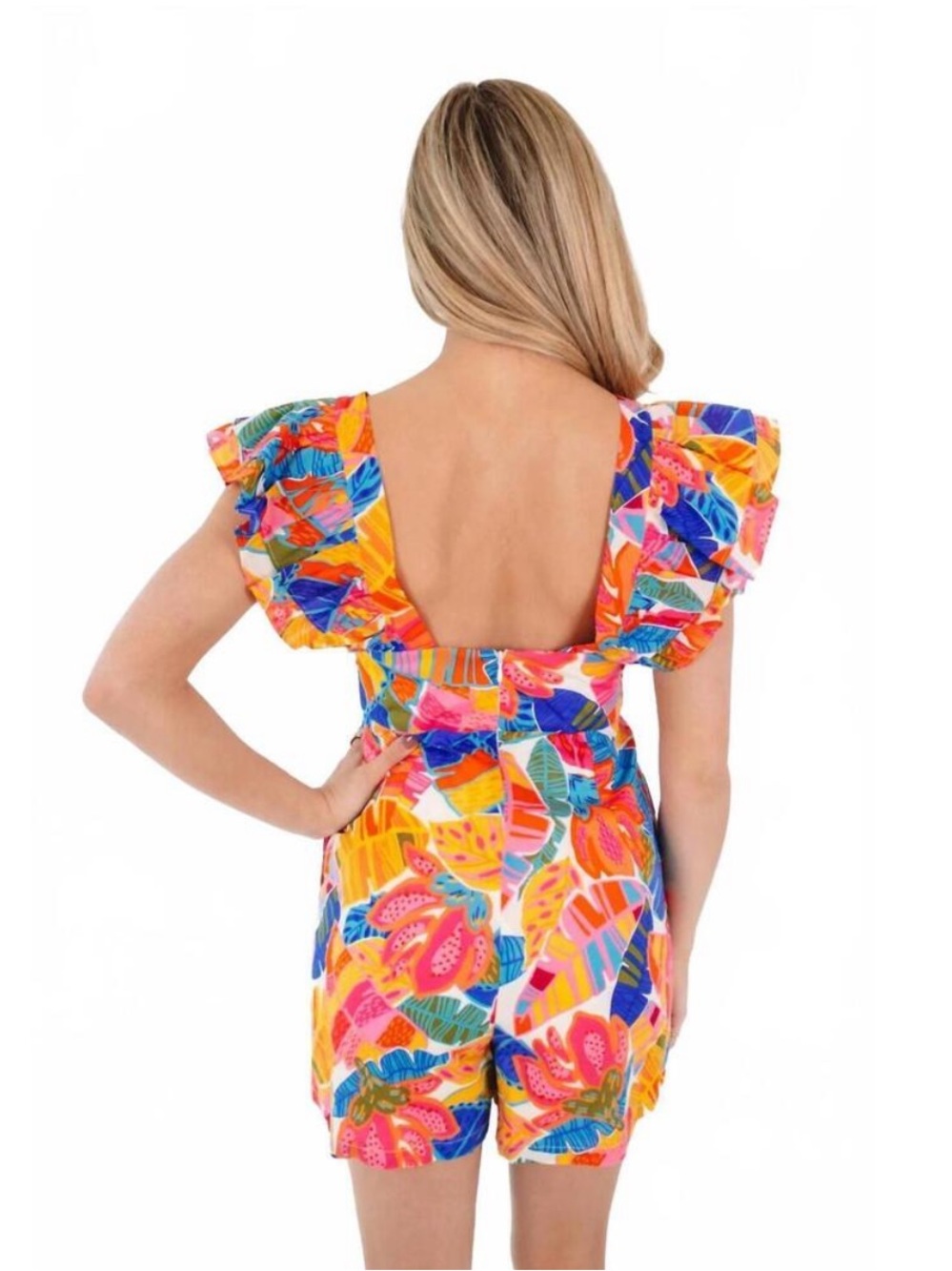 NWT J. Marie “Alana” Tropical V‑Neck Flutter Sleeve Romper Size XS Beach Cotton - Picture 8 of 9